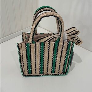 H&M Jute Green & Black Stripe Woven Mini Tote Crossbody Brand New